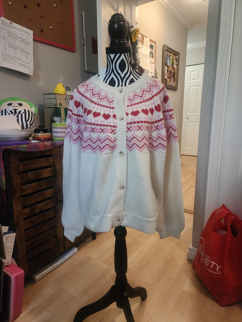 moon & madison Cream Cardigan with Pink Fair Isle Hearts